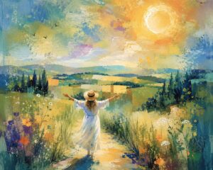 Illustration Frau bei Spaziergang durch sommerliche Felder