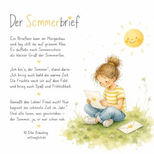 Illustration Mädchen sitzt auf Gras und liest einen Brief. Sonnenschein.