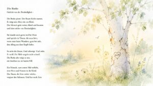 Illustration Birke auf verträumter Wiese, Ein Herz in der Borke, Gedicht Text