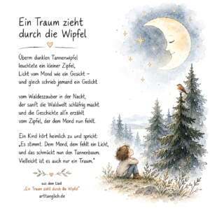 Gedicht und Illustration Kind, Tannen, Mondsichel