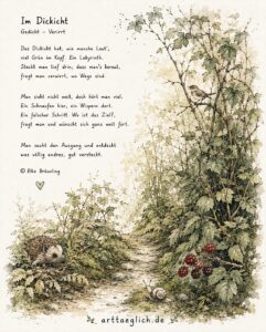Illustration + Gedicht - Waldweg durch dichtes Laub
