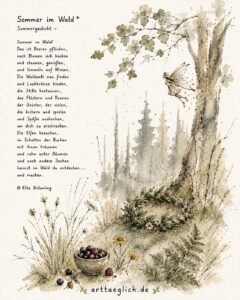 Illustration und Gedicht - Waldidyll, Bäume, Gräser