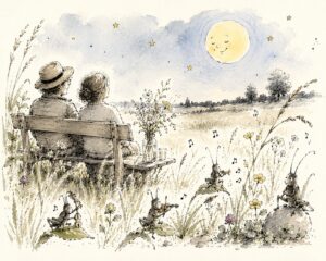 Illustration Pärchen im abendlichen Feld, Grillen spielen Konzert