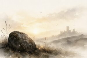 Illustration Großer Stein im Vordergrund, weit hinten eine Burgruine auf einem Berg, Sonnenuntergang