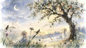 Illustration Sommernacht mit Elfen, Grillen, Dunst