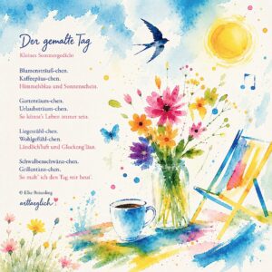Text + Illustration abstrakt Liegestuhl, Blumenstrauß, Sommerkulisse