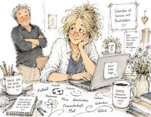 illustration Frau vor Laptop, auf Tisch viele Symbole gezeichnet, im Hintergrund grinsender Mann
