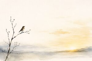 Illustration Vögelchen auf Ast vor einer leeren weiten Ebene, am Horizont geht die Sonne auf