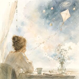 Illustration Frau sitzt am Fenster und blickt in den Himmel zu den Sternen hinauf