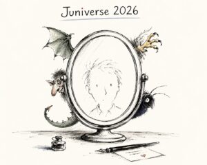 Illustration Spiegel mit Männergesicht, angedeutet am RAnd in Teilen Monstergesichtchen, Flügel, Schwanz etc.