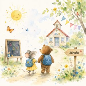 Illustration Bär und Maus mit Schulranzen auf dem Weg zum Schulhaus