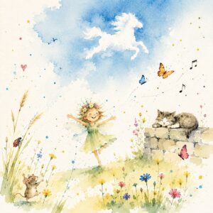Illustration Sommer, tanzende Elfe, Mäuschen, Katze, Wolkenpferd