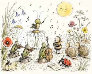 Illustration Grillenkonzert auf der Wiese