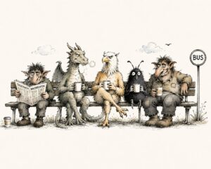 Illustration Liebenswerte kleine Monster sitzen auf Bank und warten auf den Bus