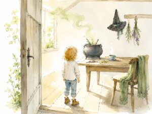 Illustration Kind in der Stube im Hexenhaus, Kessel, Hexenhut