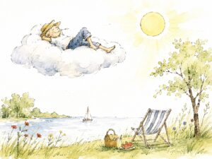 Illustration Juli als Person schwebt auf einer Wolke über einen See