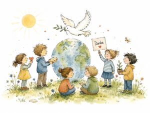 Illustration Kinder mit Friedensideen vor einer Weltkugel