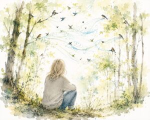 illustration FRau sitzt am Rande des Waldwegs, zartes Baumgrün, viele singende Vögel, viele davon nur angedeutet