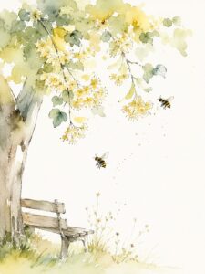 illustration Blühende Linde, Bienen, Bänkchen
