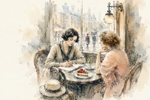 Illustration 2 Damen im Kaffeehaus vor Kuchen, eine von ihnen schreibt in ein Buch