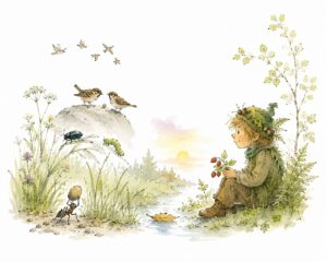 Illustration Kleines Waldmännlein sitzt am Bach und bestaunt die Tiere: Vögel, Käfer, Ameisen, Raupe etc..