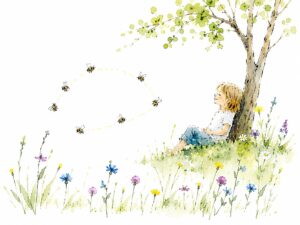 Illustration Kind mit glücklicher Miene an Baum gelehnt, Bienen, Blumenwiese