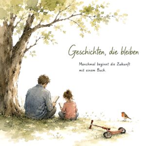 Illustration Mann und Mädchen sitzen unterm Baum und lesen Bücher 
