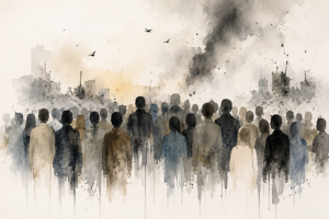 Illustration Gesichtslose Menschen in einer verstörenden Umgebung