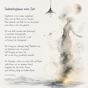 Illustration Gestalt wächst aus dem Rauch über einer Landschaft, ausgeknipste Lampe am Himmel, Uhr, Kreise - dies alles etwas abstrakt