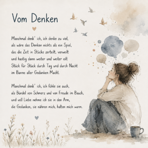 illustration Soitzende Frau mit Gedankenblasen + Gedichttext