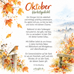 Gedicht Oktober mit Herbstlaub und Bank 