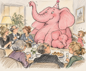 Ein rosaroter Elefant mit Baby hockt auf der Couch, ringsum Partygäste, die sich unterhalten