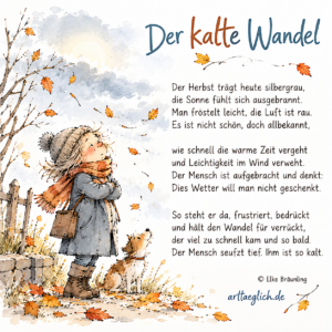 Frierende Frau, Wolken, letzte fallende Herbstblätter