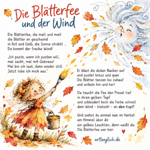 Kleine Fee mit Pinsel und pustender Wind + Gedichttext
