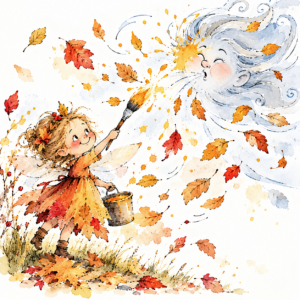 Kleine Fee mit Pinsel und pustender Wind