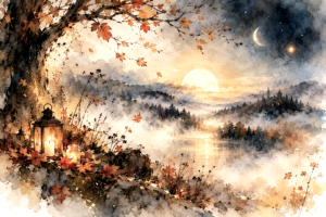Magische Landschaft zwischen Tag und Nacht, nebelumflort