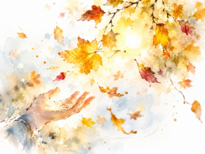 Sonne, bunte Herbstblätter, eine Hand